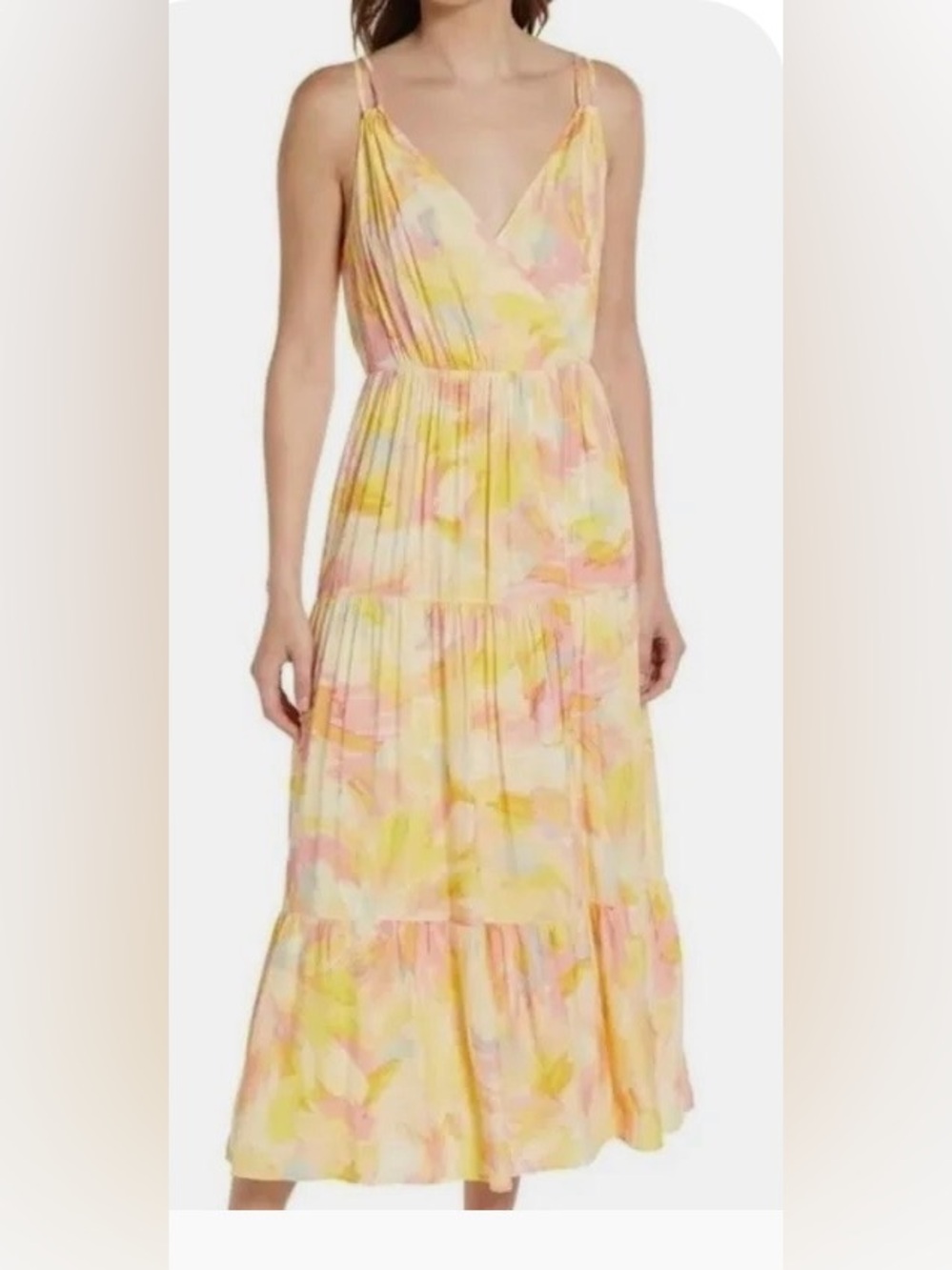 Adelyn Rae Pastel Watercolor Tiered Midi Dress - Yellow/Pink